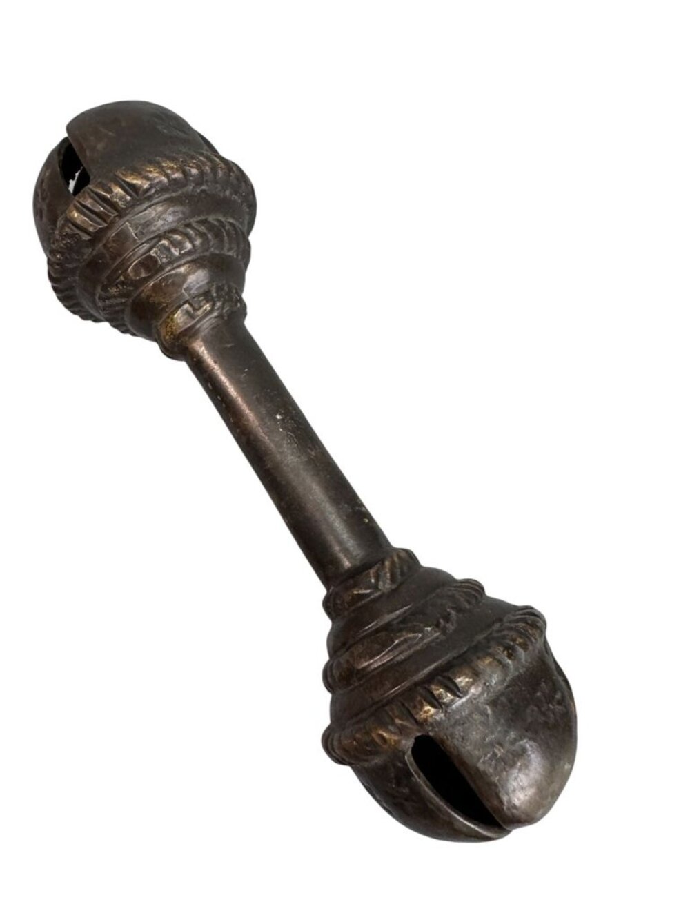Antique Brass Baby Rattle Double Bell Primitive Nursery Decor 6 Inch 13 Oz - Picture 2 of 10